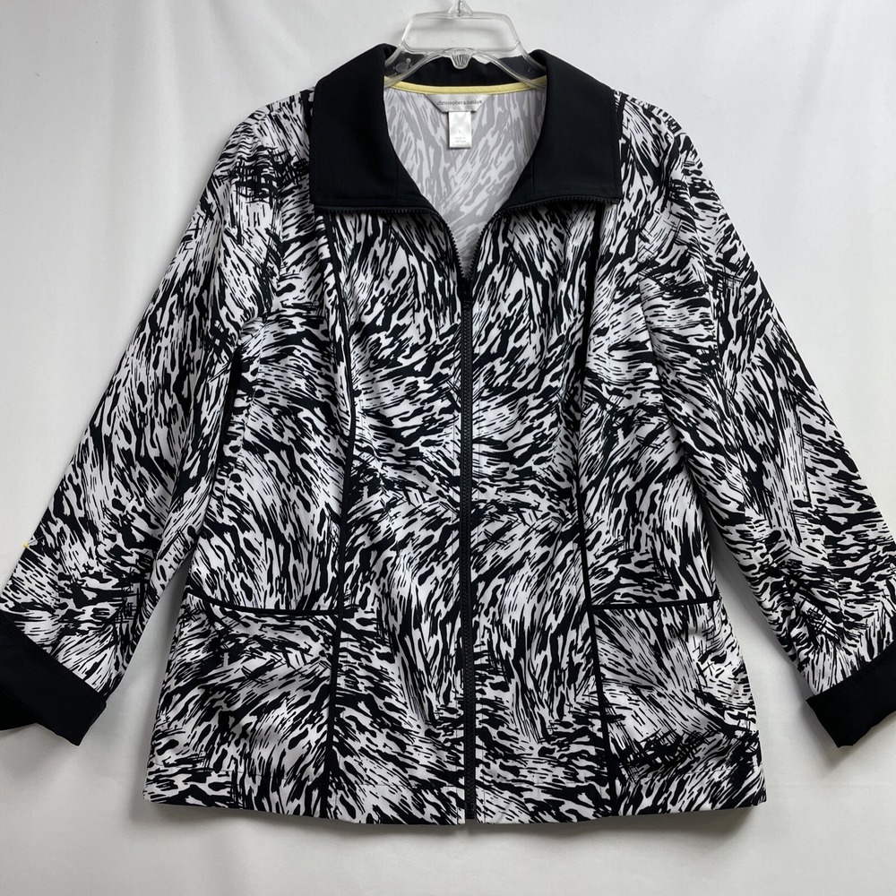 Christopher Banks Size L Track Jacket Zip Up Black White  Flip Cuffs Athleisure